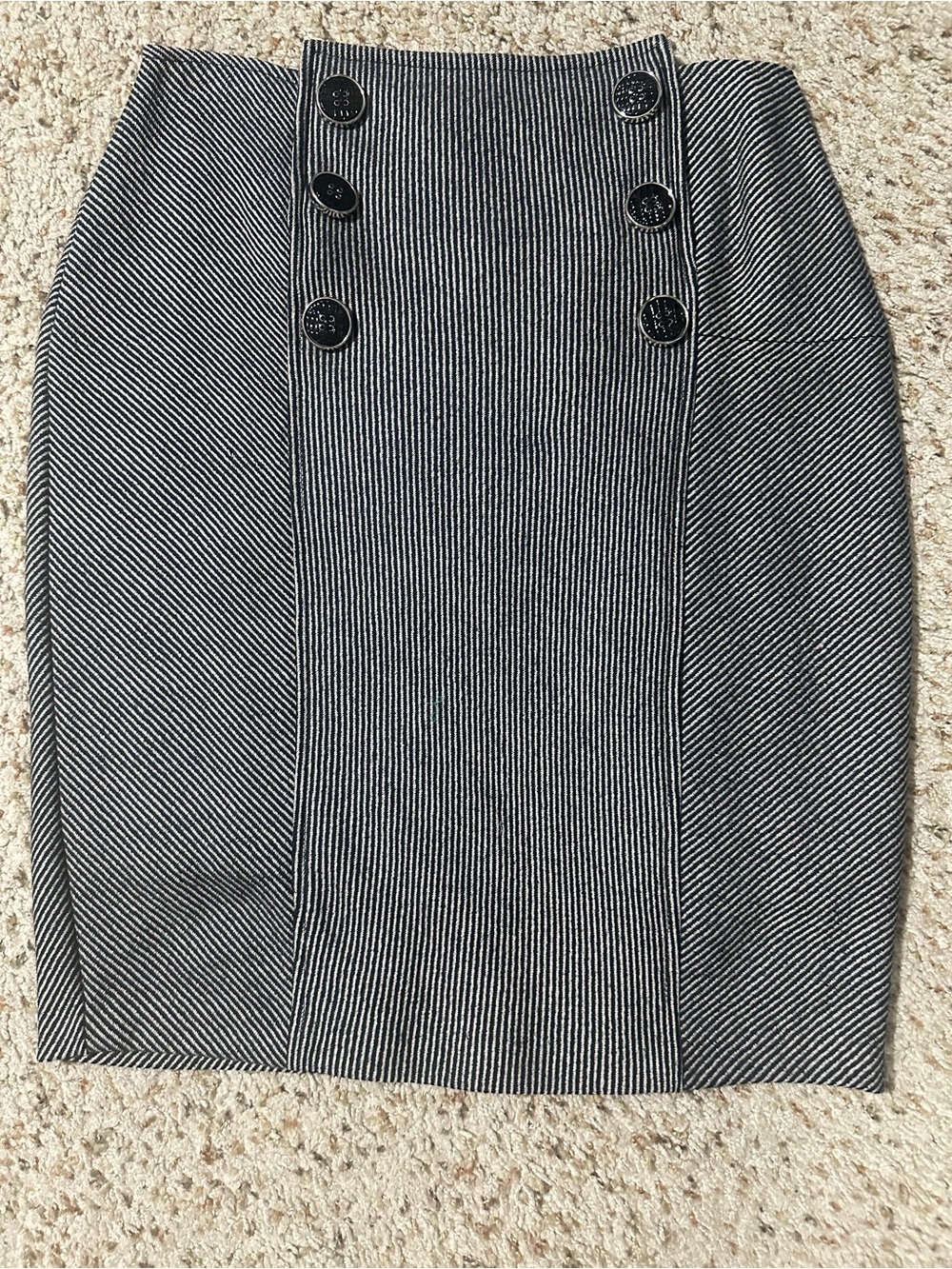 Eva Franco Black and White Pinstripe Double-Button Pencil Skirt
